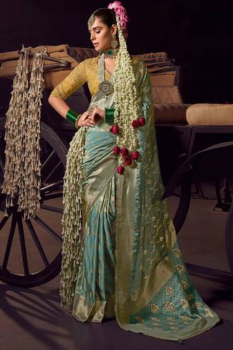 Sky blue  viscose tissue woven with hand work saree with embroidery blouse saree with blouse