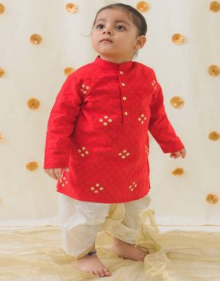 Red embroidered cotton  kurta pyjama 1