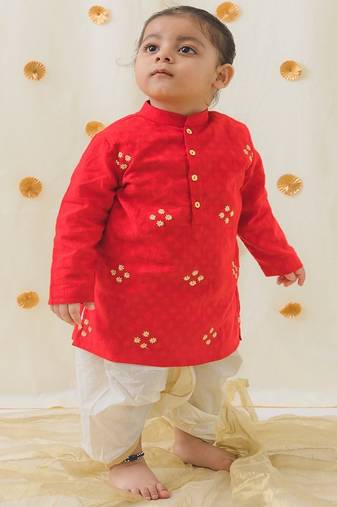 Red embroidered cotton  kurta pyjama