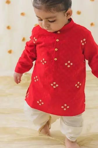 Red embroidered cotton  kurta pyjama