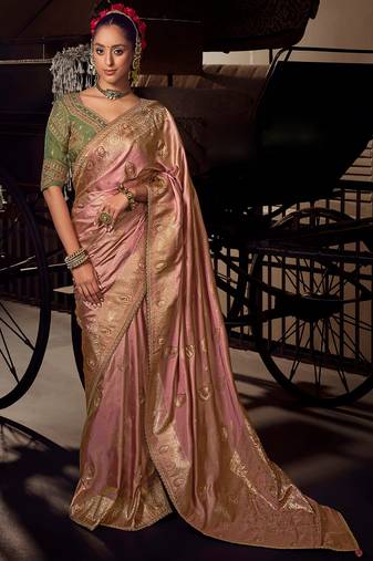 Pink  viscose tissue woven with hand work saree with embroidery blouse saree with blouse