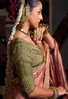 Pink viscose tissue woven with hand work saree with embroidery blouse saree with blouse 2