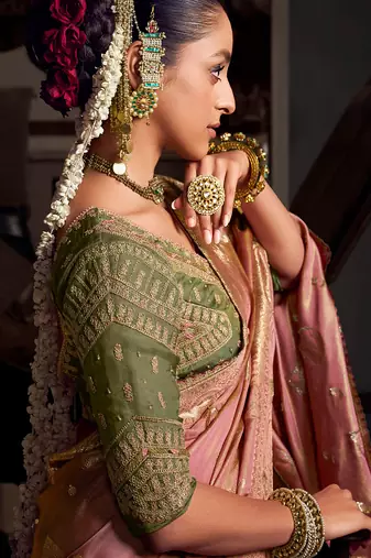 Pink viscose tissue woven with hand work saree with embroidery blouse saree with blouse
