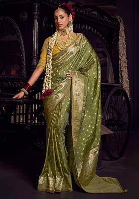 Mehendi viscose tissue woven with hand work saree with embroidery blouse saree with blouse 1