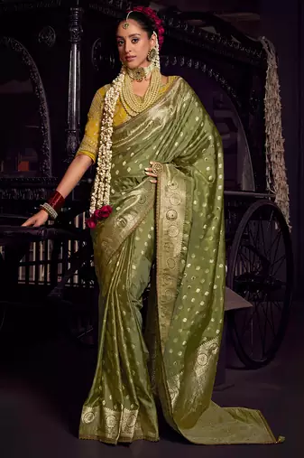 Mehendi  viscose tissue woven with hand work saree with embroidery blouse saree with blouse
