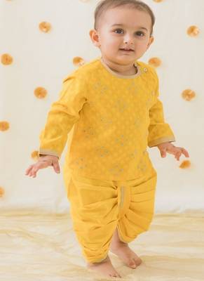 Yellow embroidered cotton  kurta pyjama 1