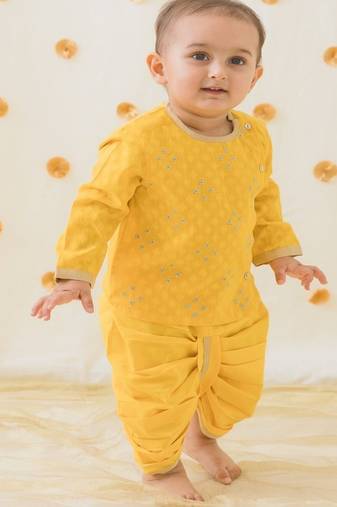 Yellow embroidered cotton  kurta pyjama