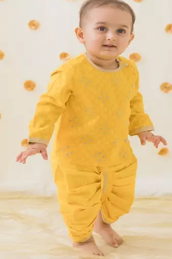 Yellow embroidered cotton  kurta pyjama