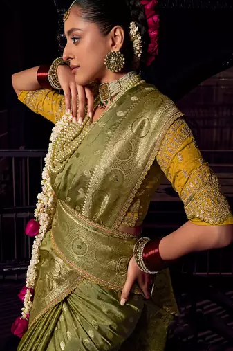 Mehendi viscose tissue woven with hand work saree with embroidery blouse saree with blouse