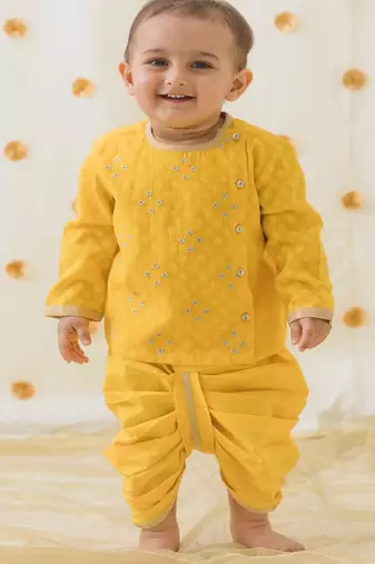 Yellow embroidered cotton  kurta pyjama