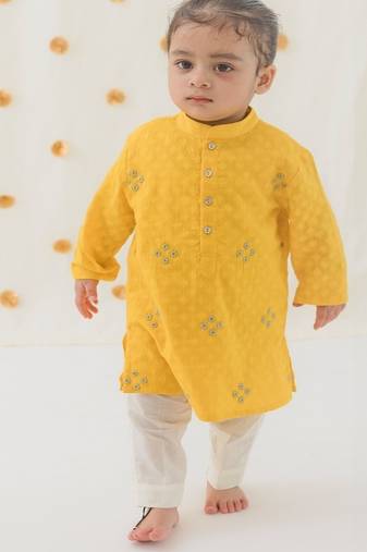Yellow embroidered cotton  kurta pyjama