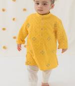 Yellow embroidered cotton  kurta pyjama