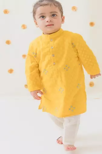 Yellow embroidered cotton  kurta pyjama