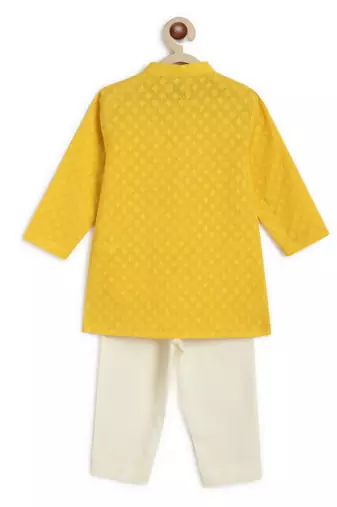 Yellow embroidered cotton  kurta pyjama