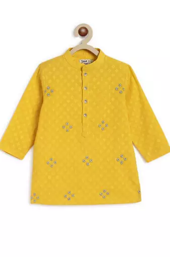 Yellow embroidered cotton  kurta pyjama