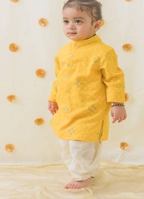 Yellow embroidered cotton  kurta pyjama 1