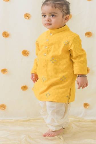 Yellow embroidered cotton  kurta pyjama