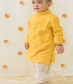 Yellow embroidered cotton  kurta pyjama