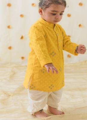Yellow embroidered cotton  kurta pyjama 2