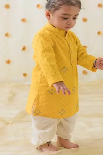 Yellow embroidered cotton  kurta pyjama