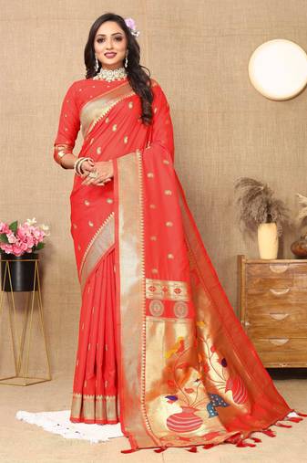 red paithani silk blend zari motifs saree with contrast blouse