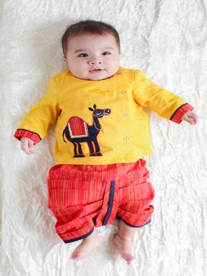 Yellow embroidered cotton  kurta pyjama 1