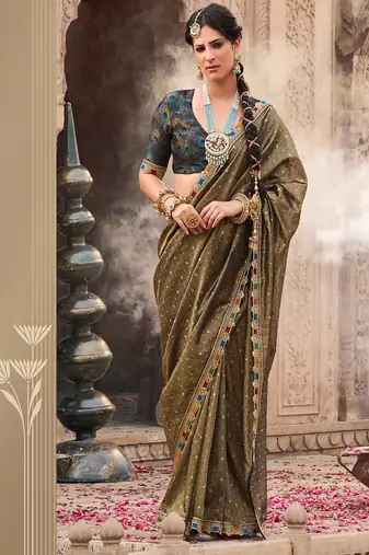 Mehendi pure tissue woven with multicolored lace border saree with blouse