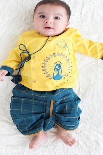 Yellow embroidered cotton  kurta pyjama