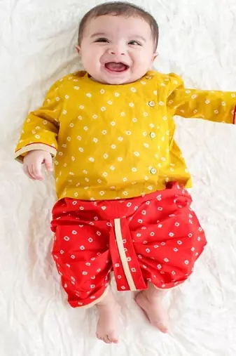 Yellow printed cotton  kurta pyjama