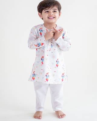 White printed cotton  kurta pyjama 1