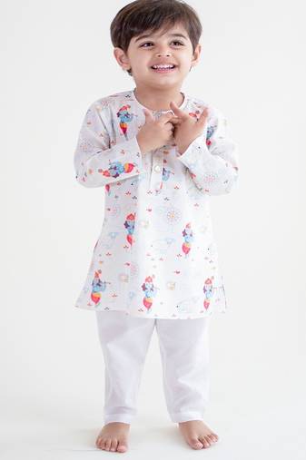White printed cotton  kurta pyjama