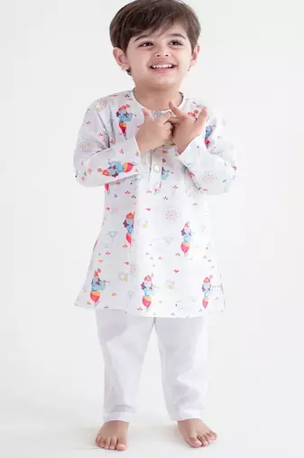 White printed cotton  kurta pyjama