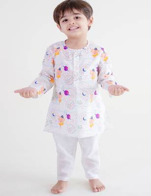 White printed cotton  kurta pyjama 1