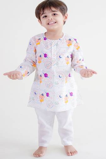 White printed cotton  kurta pyjama