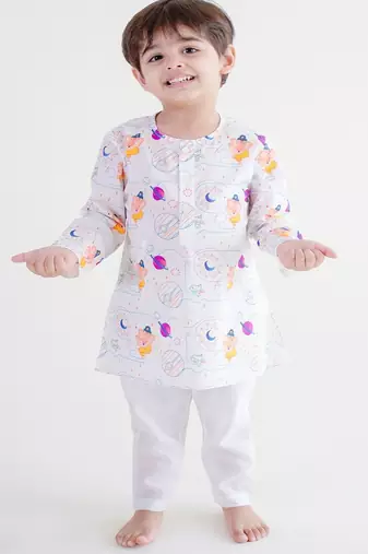 White printed cotton  kurta pyjama