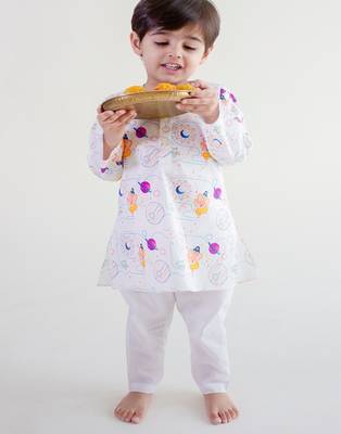 White printed cotton  kurta pyjama 2