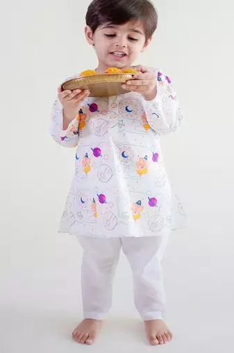 White printed cotton  kurta pyjama