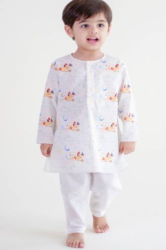 White printed cotton  kurta pyjama