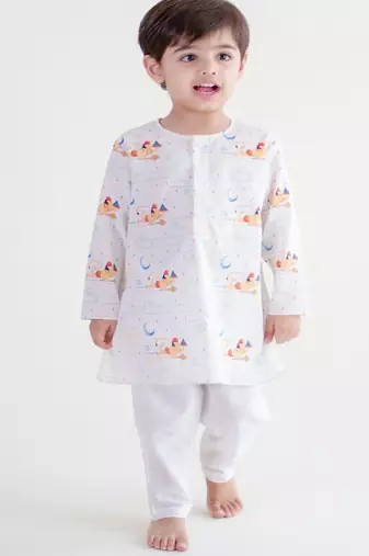 White printed cotton  kurta pyjama