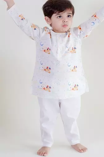 White printed cotton  kurta pyjama