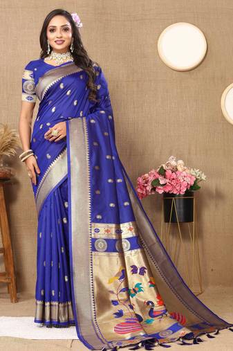 royal blue paithani silk blend zari motifs saree with contrast blouse