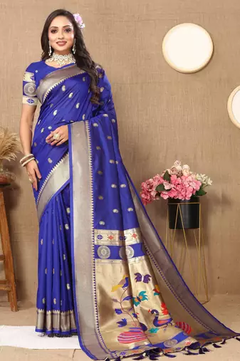 royal blue paithani silk blend zari motifs saree with contrast blouse