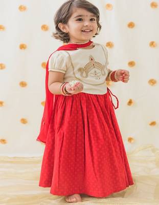 Red & white embroidered cotton  lehenga 1