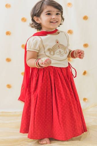 Red & white embroidered cotton  lehenga