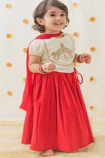 Red & white embroidered cotton  lehenga