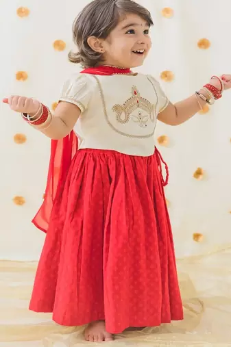 Red & white embroidered cotton  lehenga