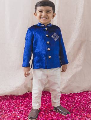 Blue embroidered viscose bandhgala set 1