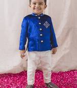 Blue embroidered viscose bandhgala set