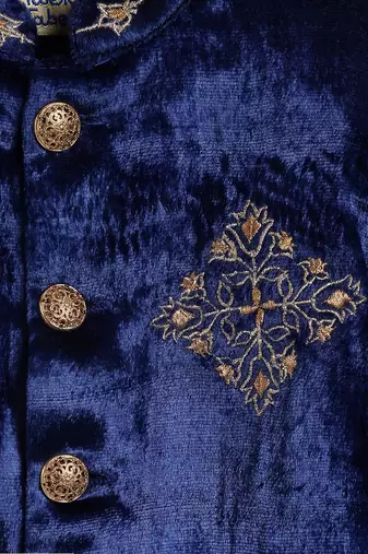 Blue embroidered viscose bandhgala set