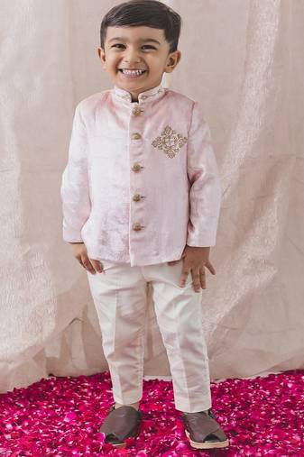 Pink embroidered viscose bandhgala set